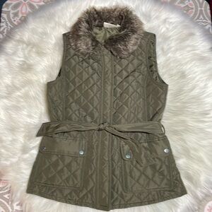 KENAR Olive Green Puffer Vest Zipper Snaps Fur Collar Belt Pockets -M-#0095